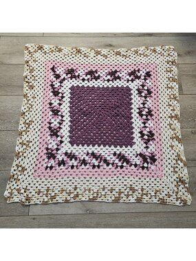 Vintage Handmade Crochet Granny Square Baby Blanket Throw Plum Pink White 40x40